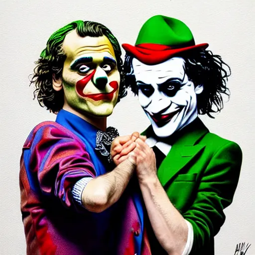 Image similar to ilya yefimovich repin and mimmo rottela and banksy as joaquin phoenix skinny joker, holding hand, lady gaga harley queen, ultra photorealistic, intricate details, pop art style, concept art, confident posse, random object details, 2 colours, warm color, 4 k, ultra smooth, sharp focus