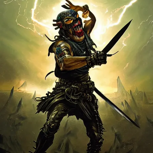 Prompt: A badass Iron Maiden inspired album cover featuring a savage samurai holding his sword up in a cosmic lightning atorm, sci fi, cypherpunk, cinematic composition, studio lighting, UHD, by Greg Rutkowski and Miguel Vasquez exciting