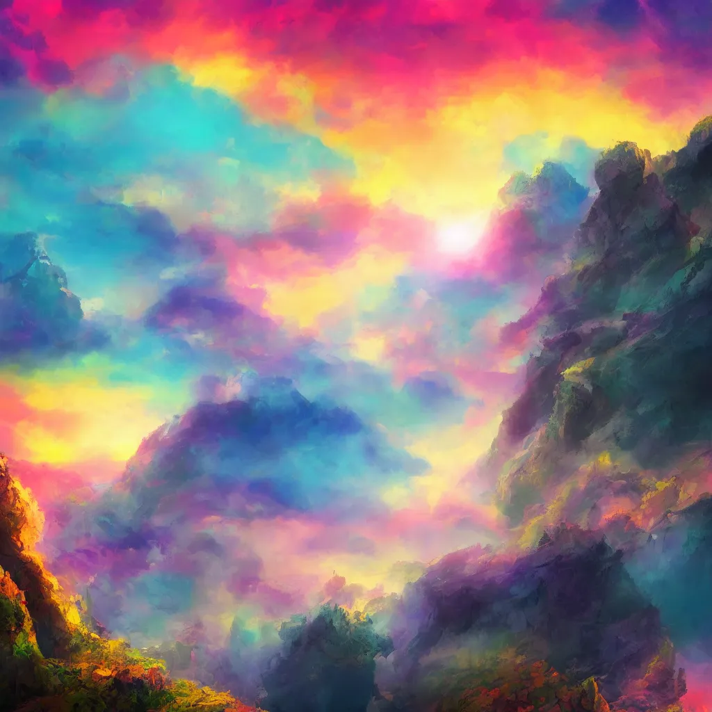 Prompt: colorful sky, mist, jagged cliffs cover art in the style of Midjourney