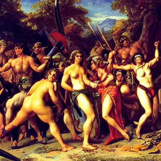 Image similar to muscular warrior women, amazonian warrior women, women fighting men, muscular men, spartan warrior men, clashing in bloody field, art by jacques - louis david