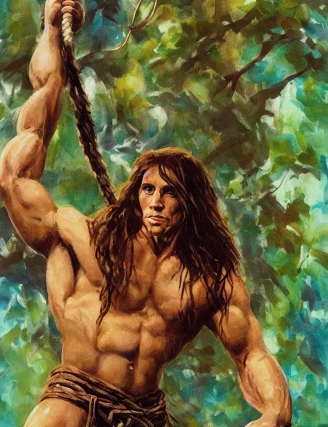 Prompt: lol cool j swinging as tarzan. gouache fairytale art, russian romanticism, muted palette, backlighting, depth of field