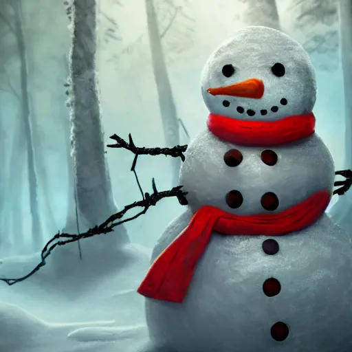 Image similar to a snowman, half made out of cyborg parts, with one glowing red eye, with an evil smile on his face, in the middle of a snow forest, dynamic lighting, photorealistic fantasy concept art, trending on art station, stunning visuals, creative, cinematic, ultra detailed