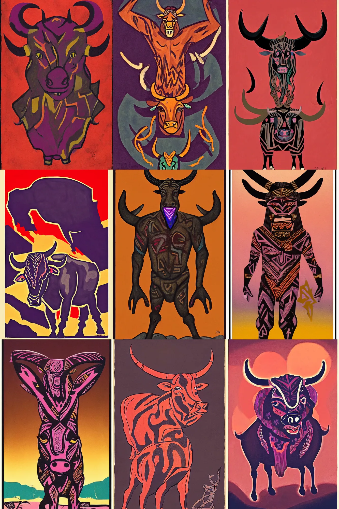Prompt: a shaded painted full body illustration of a male minotaur with glowing tribal skin markings in a dark cave environment with a bovine head, painterly, detailed, art - deco, red and purple palette : : 0. 3 by 1 9 6 0 ’ s advertising art, stylized, propaganda art, rule of thirds, beautiful