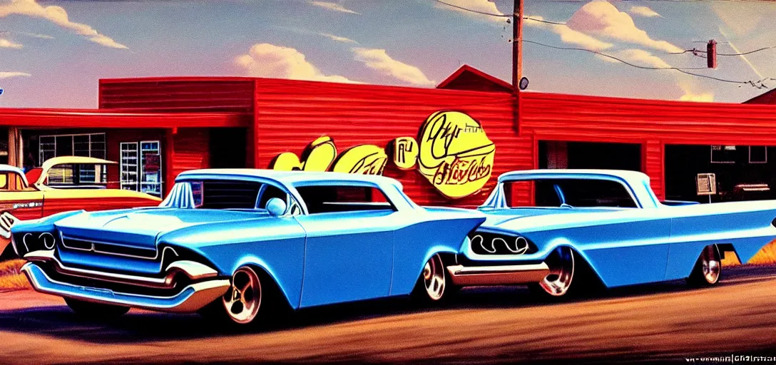 Image similar to concept art of hotrods in a small rural town in middle America in the 1960s, detailed, Americana, golden hour