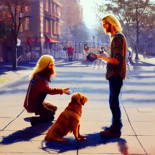 Image similar to oil painting of a young man with long hair blond and a beard hippie style with his golden retrever dog playing guitar in the square for money, people watching around, by greg rutkowski, artstation