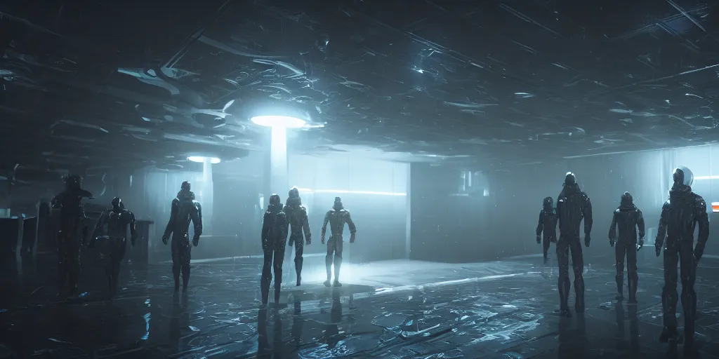Image similar to sci - fi alien squad in wet cloaks, infiltrating on the ceiling at midnight storm, lightning, unreal engine 5, octane, volumetric light