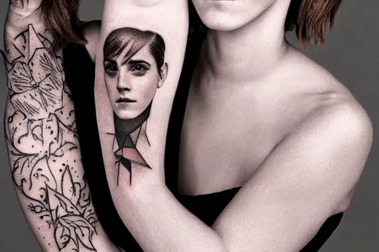 Image similar to emma watson, dope tattoo, hyperrealistic