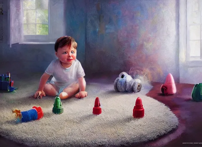 Prompt: toddler elon musk sitting on a shaggy rug playing with his little rockets, bedroom, realistic painting, beautiful soft lighting, istvan sandorfi