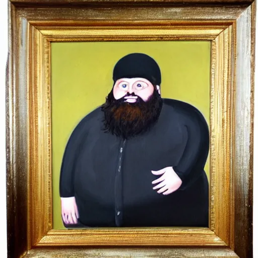 Prompt: oil painting of a very obese man with a long beard with an elegant suit