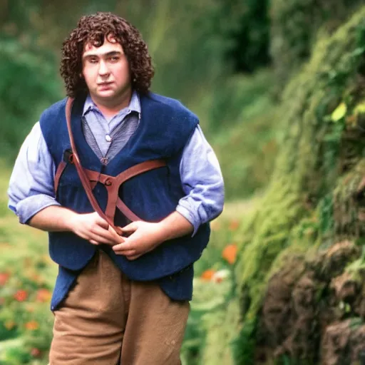 Image similar to frowning clean shaven pudgy British lad with short curly dark brown hair as a hobbit wearing a white men's crossbody sling chest bag and blue vest, blue vest!! white crossbody chestbag!! high resolution film still, movie by Peter Jackson