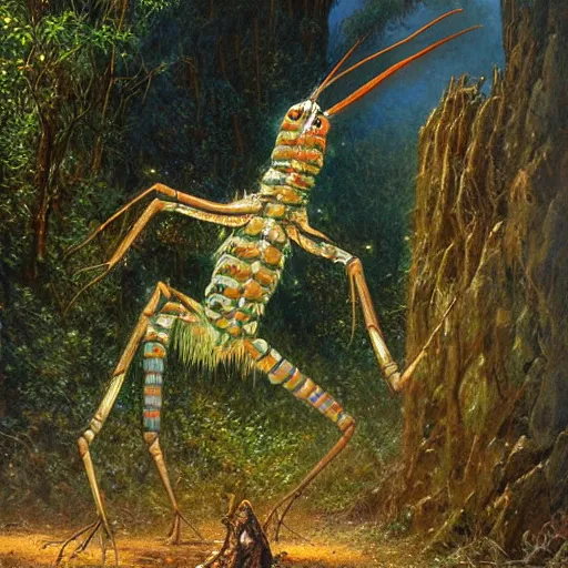 Image similar to antropromorphic stick insect, stick insect standing and talking like a human being, fantasy concept art, painting by Bob Eggleton