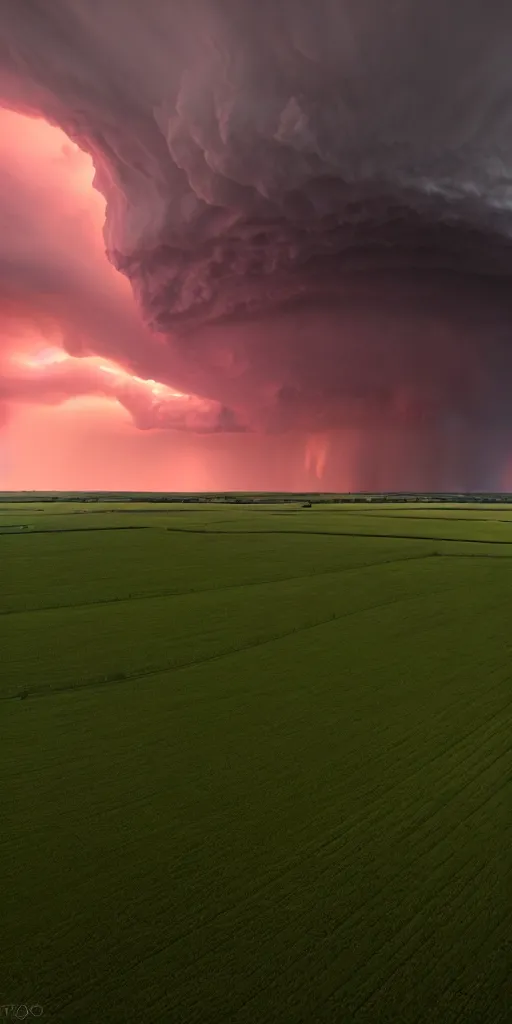 Image similar to a supercell storm dark and brooding far away in the distance, open farming fields the foreground during sunset, nature, cinematic, hyperrealistic, evil, dark, cgsociety, 8 k, by stephen king