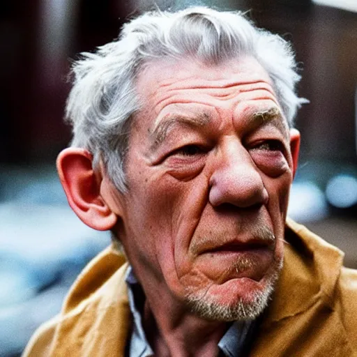 Image similar to film still of ian mckellen disappointed by a sandwich