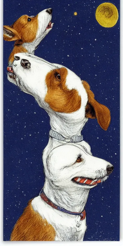 Image similar to jack russel dog looking up and howling with mouth open sad, night sky, highly detailed, side view, illustrated by peggy fortnum and beatrix potter and sir john tenniel