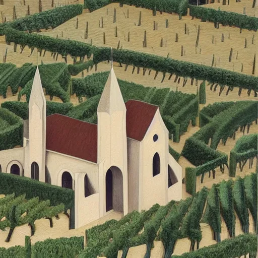 Image similar to Hyperrealism traditional austian church in a vineyard, painting by MC Escher