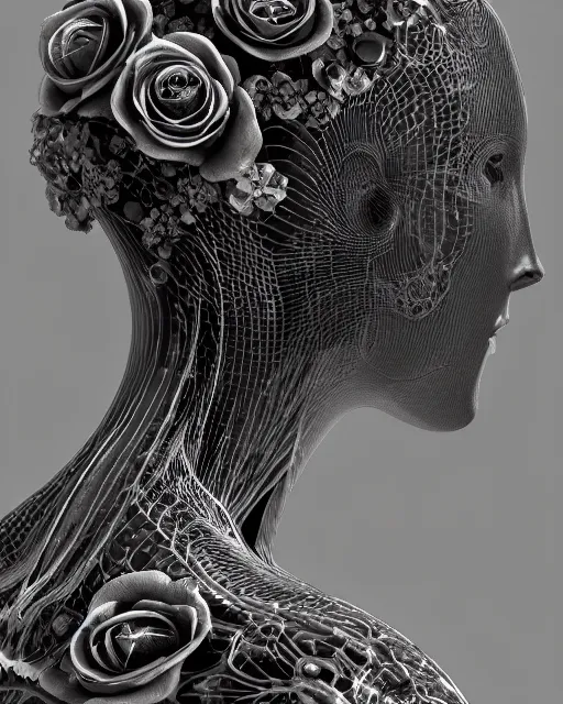 Image similar to mythical dreamy black and white organic bio-mechanical spinal ribbed profile face portrait detail of translucent steampunk beautiful female angelic-human-queen-vegetal-cyborg, highly detailed, intricate trnaslucent ivy jelly ornate, poetic, translucent roses ornate, 3D render, digital art, octane render, 8K artistic photography, photo-realistic, by Dora Maar