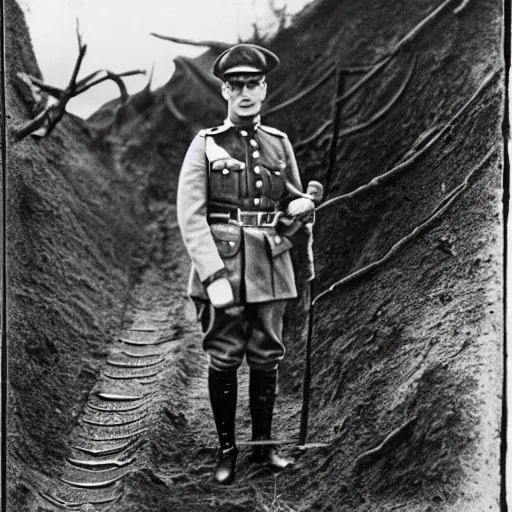 Image similar to a black and white photograph, portrait of a rabbit wearing ww1 uniform, standing in a muddy trench