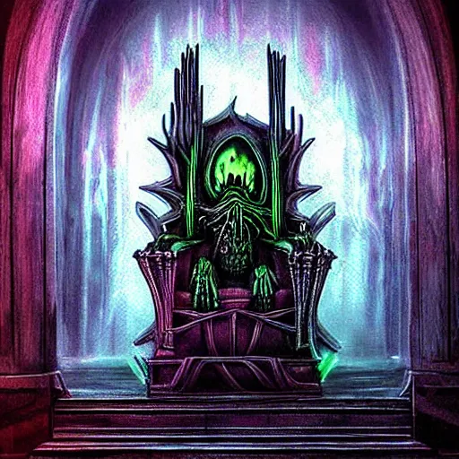 Image similar to a giger nightmare throne, dark neon colors shade glow backlit, evil throne of power, photo pic by realistic horror