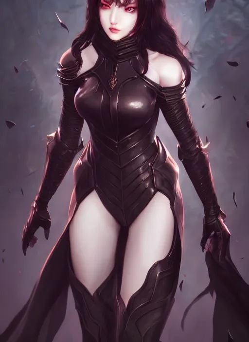 Image similar to full plate armor!!! beautiful and elegant dark hair female vampire!! gorgeous ayes!! character concept art, sharp focus, octane render! unreal engine 5! highly rendered!! trending on artstation!! detailed linework!! illustration by artgerm, wlop, and chie yoshii