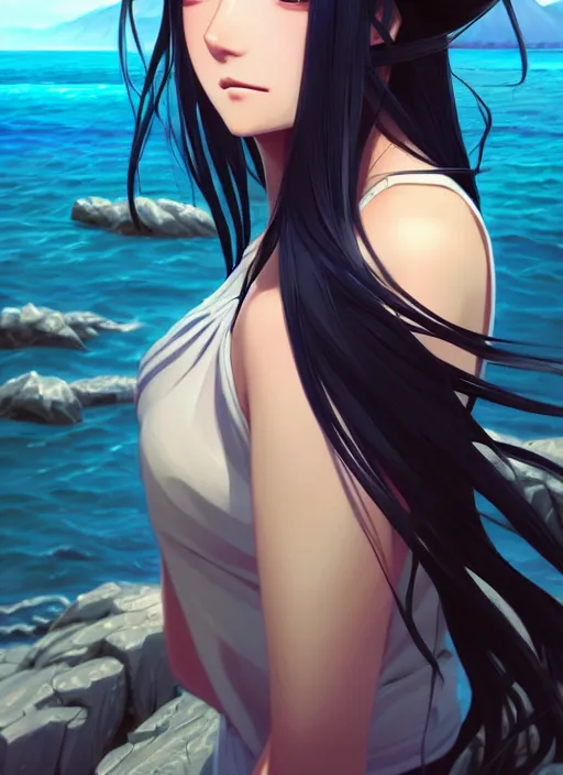 Image similar to a beautiful girl with long black hair in, island background, intricate, highly detailed, digital painting, artstation, official media, anime key visual, concept art, rich vivid colors, ambient lighting, sharp focus, illustration, art by Artgerm, Makoto Shinkai, Ilya Kuvshinov, Lois Van Baarle, and Rossdraws