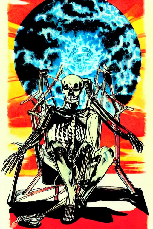 Image similar to Poster art of a Skeleton sitting in a chair sunbathing, with a nuke exploding in the background by Neal Adams