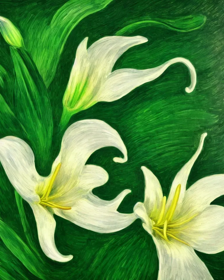 Prompt: achingly beautiful extreme close up painting of one white lily blossom on green background rene magritte, monet, and turner. piranesi. macro lens, symmetry.