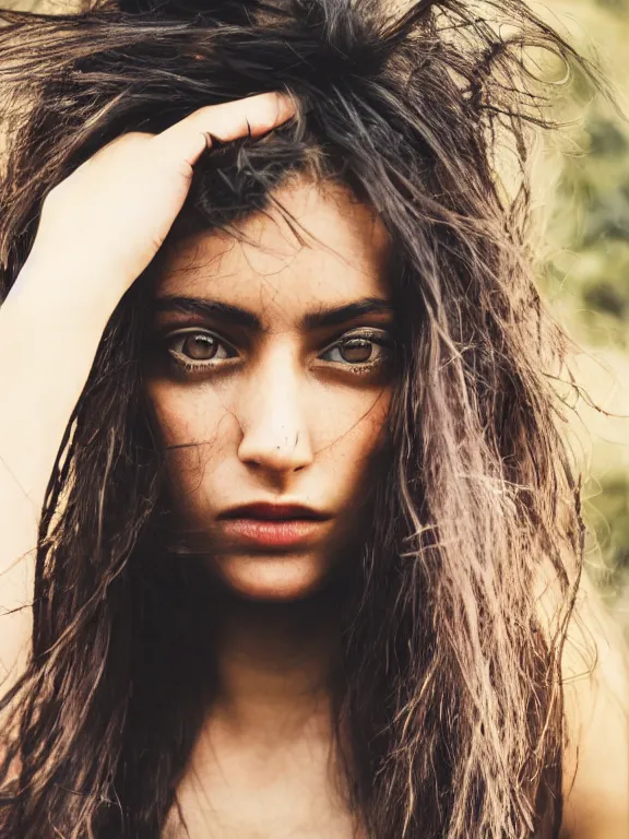 Prompt: hyperdetailed photo of a beautiful italian girl, brown eyes, dark hair, skin, winds of winter, with ripped grunge crop t - shirt fine face, pretty face