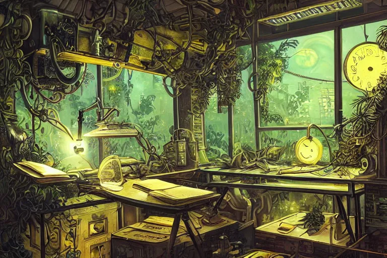 Prompt: Small desk at night with desklamp inside a steampunk machine room with lush vegetation growing around the machines, tropical trees, large leaves, flowers, beautiful starry night sky showing thought the windows, beatifully lit, hyper detailed painting, hyperrealism, vintage science fiction illustration, Studio Ghibli, Rebecca Guay