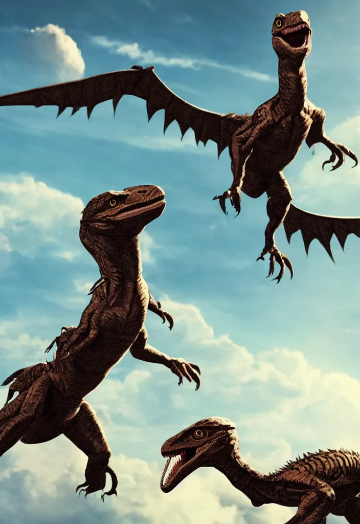 Prompt: a child looking at a velociraptor flying in the sky in the style of a movie poster, realistic, super detailed, cinematographic, epic lighting