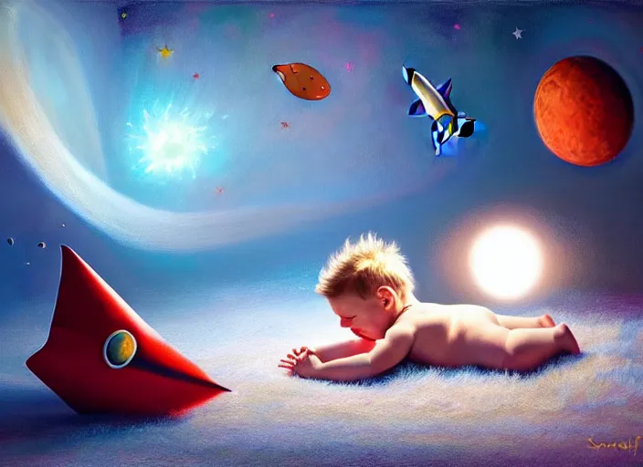 Image similar to toddler elon musk lying on a shaggy rug playing with his space rockets, realistic oil painting, beautiful soft lighting, istvan sandorfi