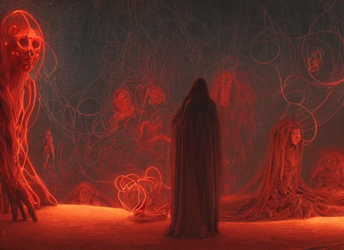 Image similar to satanic ritual, neon, they are watching, RGB, glowing wires everywhere, pristine, by Edgar Maxence and Ross Tran, Zdzisław Beksiński, and Michael Whelan, distant, gustav dore, H.R. Giger, 8k, octane render