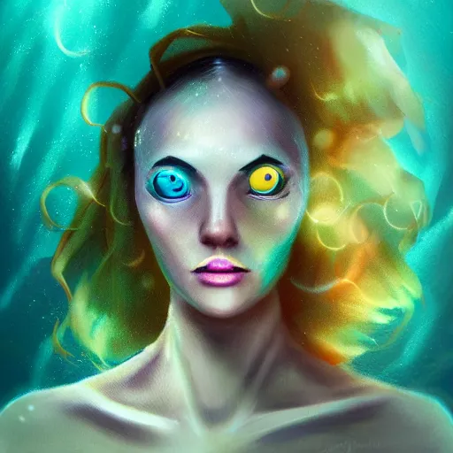 Image similar to face portrait of a woman underwater inspired by lois van baarle, iridescent, bubbles, seaweed