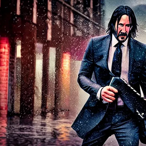 Image similar to john wick playing a guitar in the rain, photorealistic, realistic, dramatic, cinematic, photography