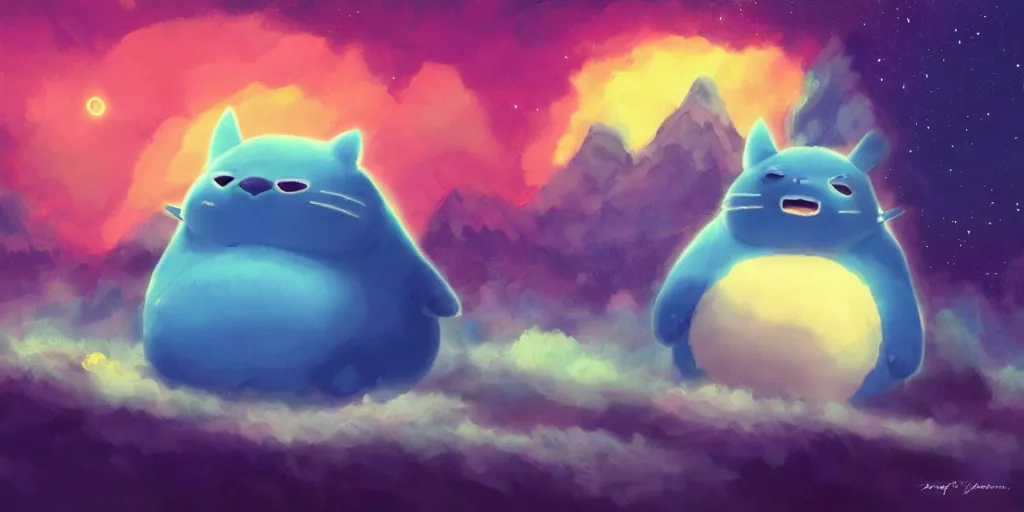 Prompt: giant glowing snorlax totoro, mountain landscape, night sky, digital art, digital painting, celestial, majestic, colorful