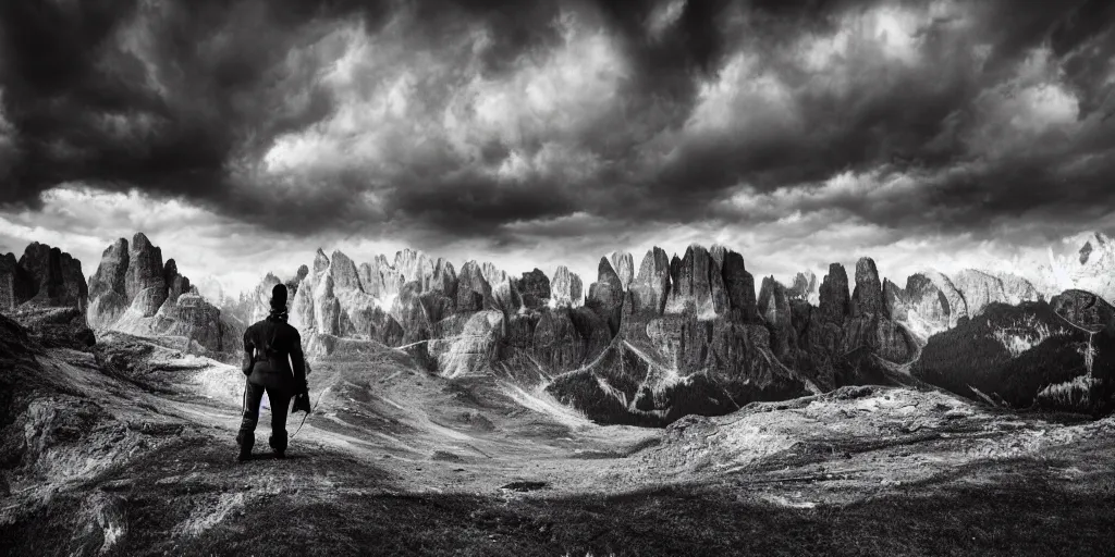 Image similar to dolomites, pastures, alps, alp, stars, dark, eerie, clouds that look like krampus, despair, portrait photography, artstation, highly detailed, sharp focus, 1 9 2 0 s photography, by cronneberg