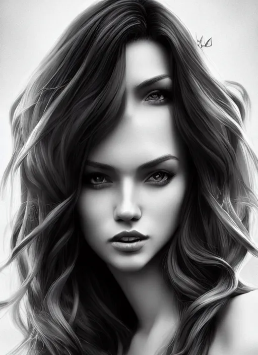 Image similar to full body portrait of a beautiful woman in black and white, photorealistic, hair down to waist, art by diego fazio and diegoKoi and artgerm, concept art, hyper sharp focus, 8k highly detailed