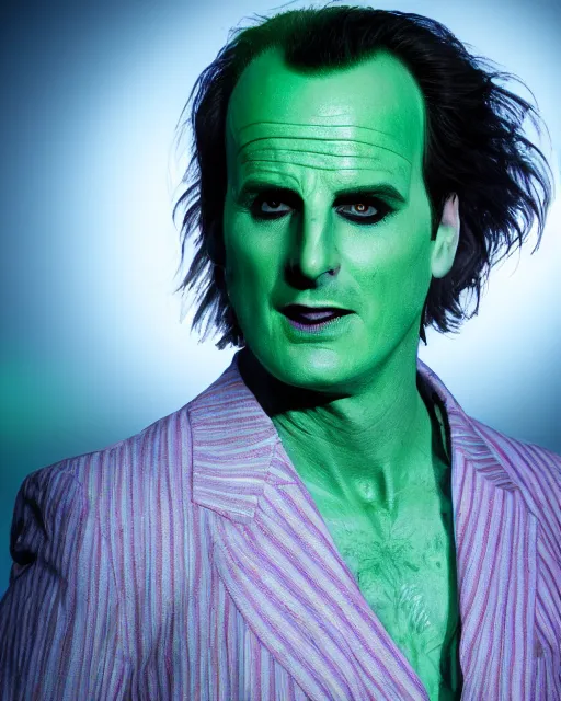 Image similar to Will Arnett as Beetlejuice, makeup, green hair, cinematic lighting, 4k photograph