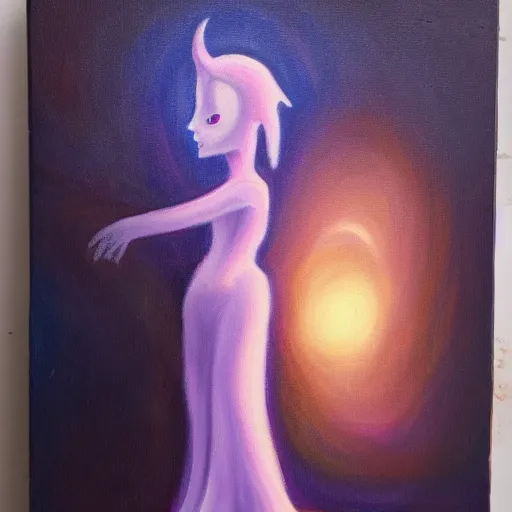 Image similar to a painting of a ethereal ghost standing close to camera in the style of flooko, acrylic, twilight, glows, detailed,