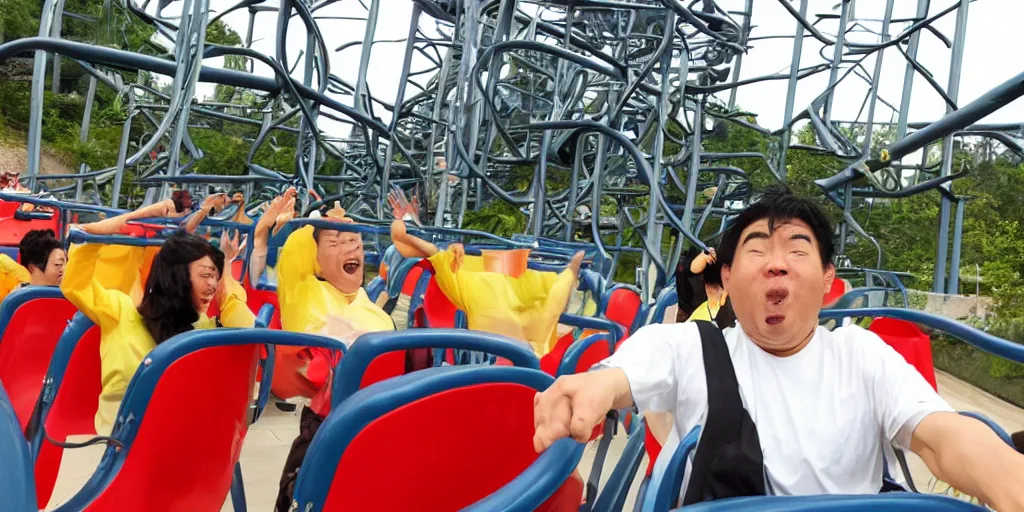 Image similar to a man with a bibimbap head riding a roller coaster