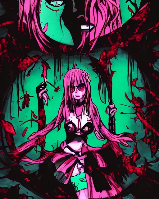 Image similar to horror acid colors, a dark picture comic featuring blood horror and goth anime girls, anime vampires, evil horror vibes