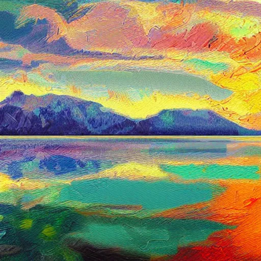 Image similar to a beautiful impasto oil painting of lake chiemsee, digital art