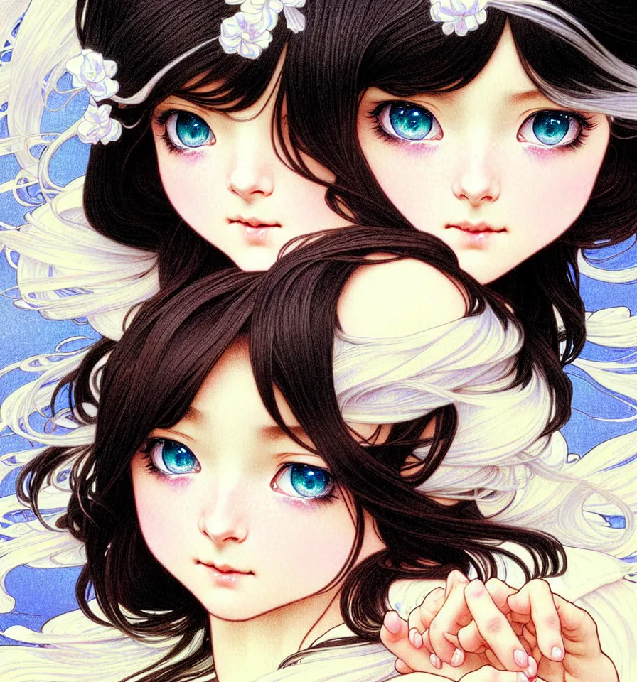 Image similar to closeup portrait of a sweet girl with silky black long hair is covered in white powdered sugar posing for the camera in a bakery kitchen. insanely and epically detailed high-quality artwork with soft colors, exquisitely detailed soft shadowing, amazingly composed image, epic pencil illustration, by Range Murata and by Alphonse Mucha and by Katsuhiro Otomo.