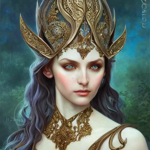 Image similar to a oil painting of a elven queen, cute, fantasy, intricate, elegant, highly detailed, centered, digital painting, artstation, concept art, smooth, sharp focus, illustration, art by artgerm and h r giger and alphonse mucha