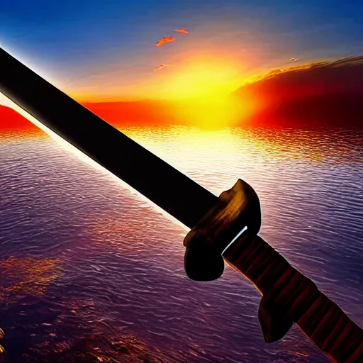 Image similar to a floating sword in front of a sunrise, extremely realistic and beautiful