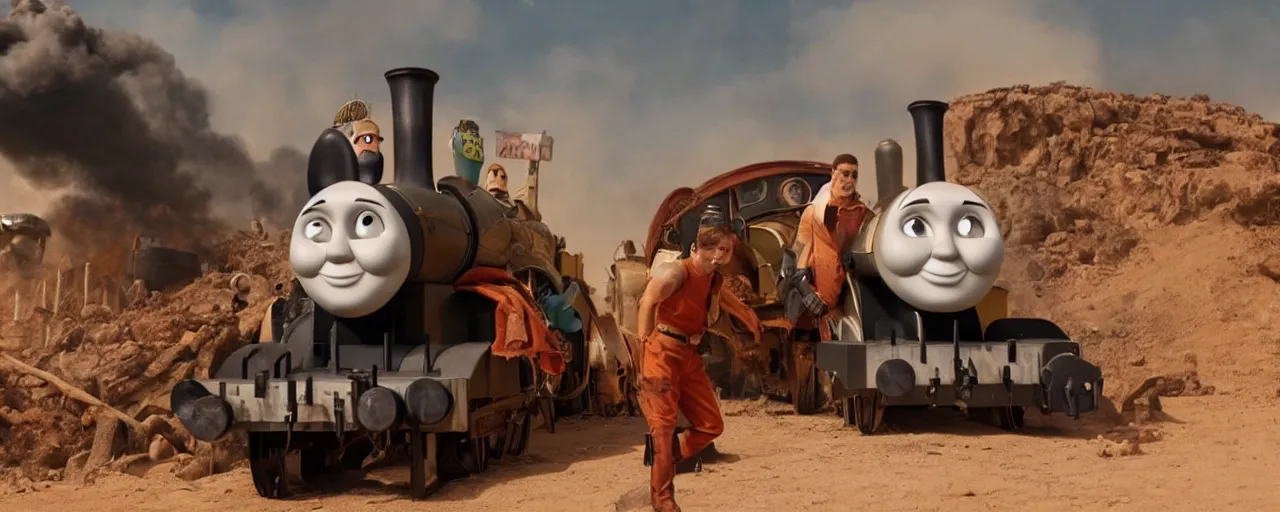 Image similar to Thomas the Tank Engine in the fiery Wasteland of MAD MAX: FURY ROAD