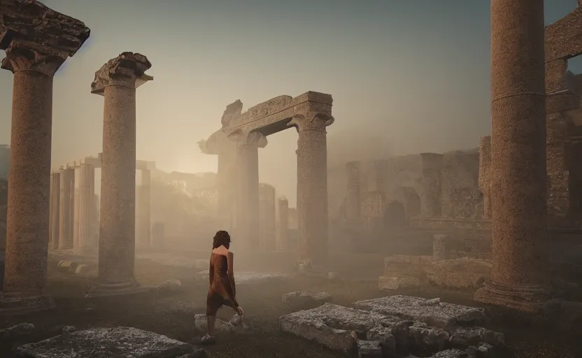 Image similar to a 3 d render of a person standing in the ruins of an ancient city in the morning mist, greek and roman ruins, bokeh, canon 5 0 mm, cinematic lighting, volumetric light, octane, octane render, redshift render, golden hour, pompeii