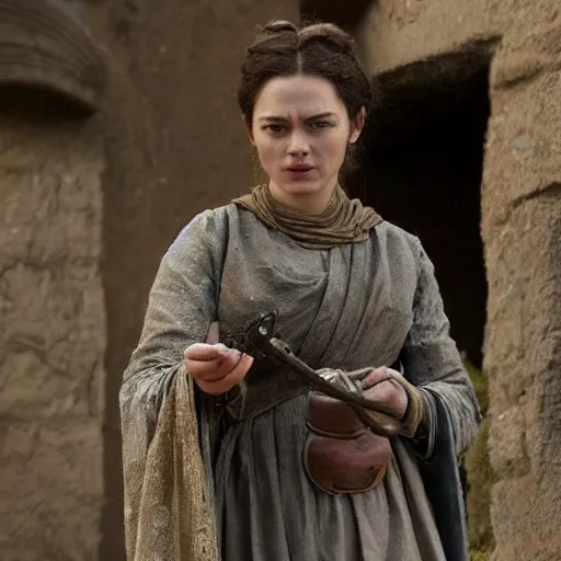 Prompt: scene from a 2 0 1 0 film set in the 1 0 th century showing a woman