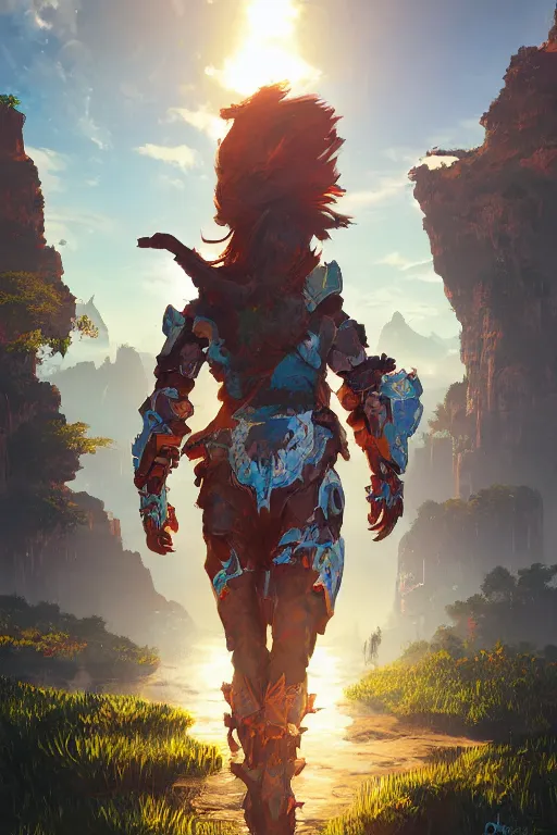 Image similar to combination suit armor aloy horizon forbidden west horizon zero dawn radiating a glowing aura global illumination ray tracing hdr fanart arstation by ian pesty and alena aenami artworks in 4 k tribal robot ninja mask helmet backpack