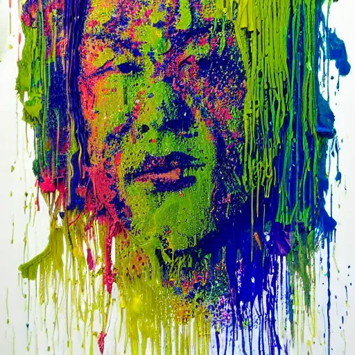 Image similar to a portrait of byron li composed of flecks of paint lush & immense density long strands of drips in all directions splatters of mixed pigments with solid color inside.