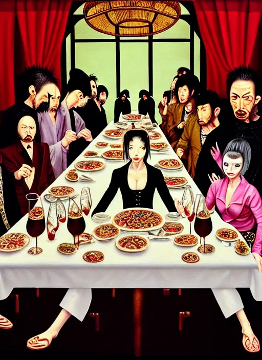 Prompt: realistic detailed last supper image of a criminal yakuza insect family in baroque clothes in an old italian restaurant full of mirrors feasting over alien brain salad and roasted flamingo dishes and drinking sparkling wine by Bel Fullana, James Jean, Storm Thorgerson, and Tony Matelli, neo noir, semi naive, rich deep colors, cinematic. Allison Schulnik painting, part by Adrian Ghenie and Gottfried Helnwein. art by Ron Mueck. masterpiece